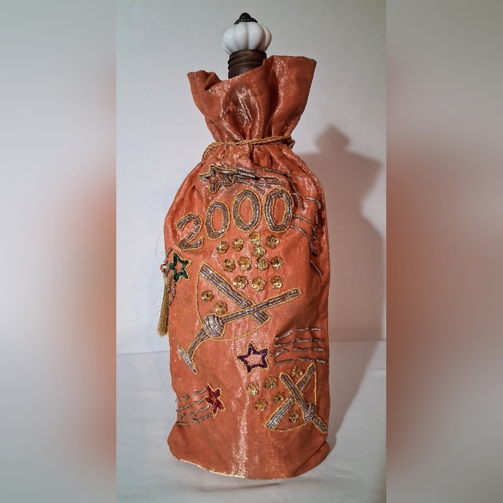 HTF! Authentic Y2K, "2000" Embroidered Wine Bag - Beads, Sequins, Drawstring